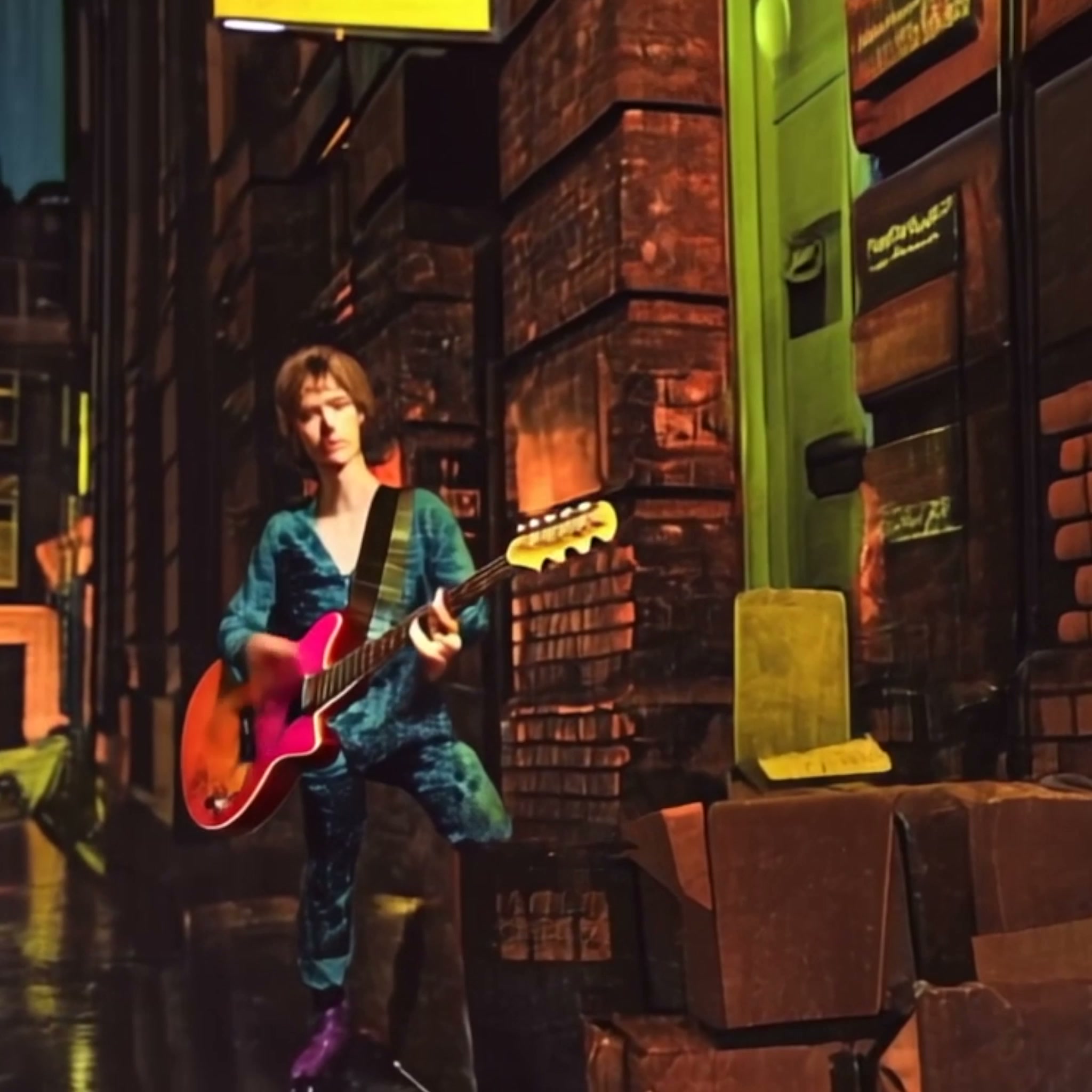 AI-generated figure with a red electric guitar performing in a colorful, stylized urban alley