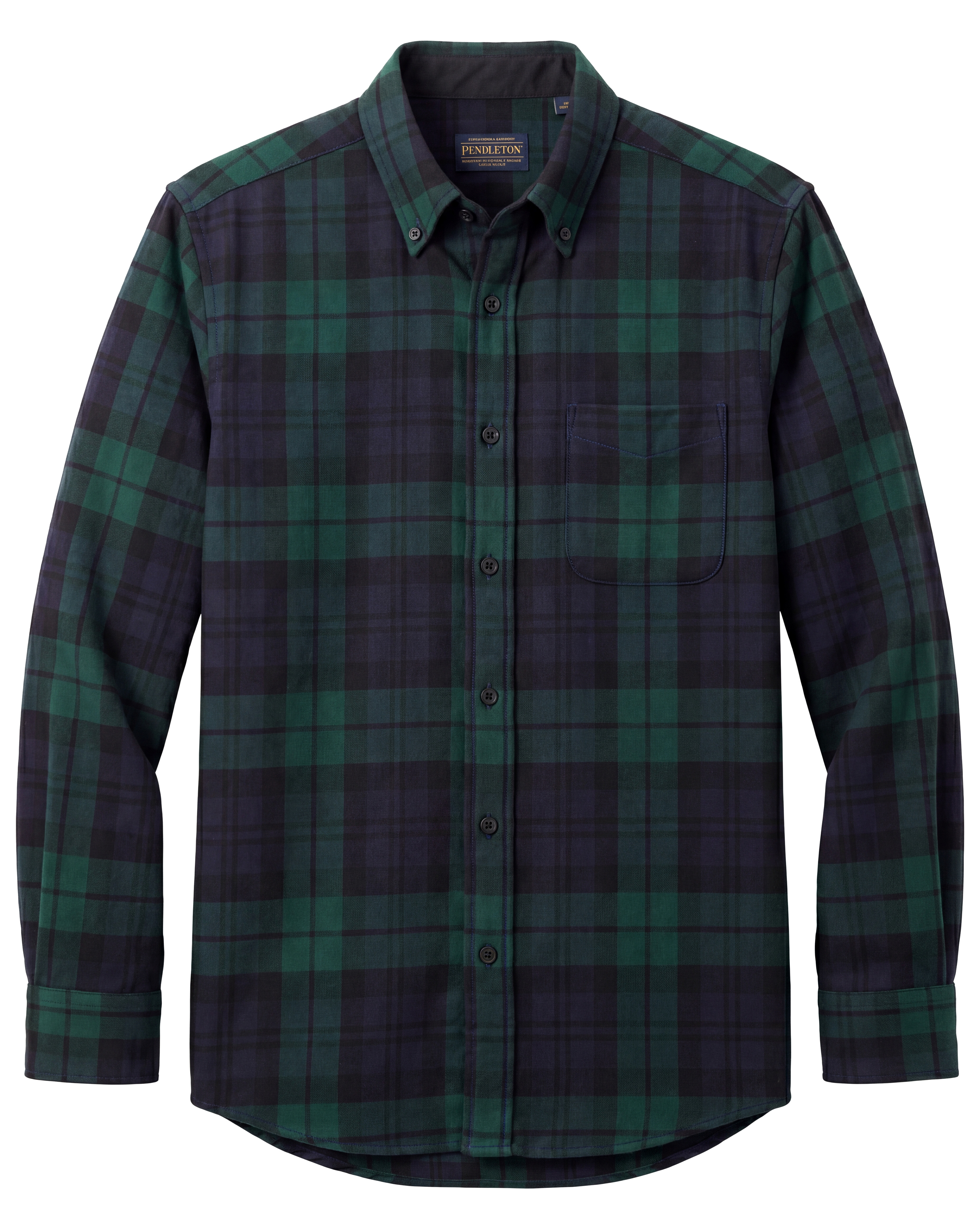 Catalog-ready product-flat image of a Pendleton black watch tartan flannel shirt, laid flat against a white background
