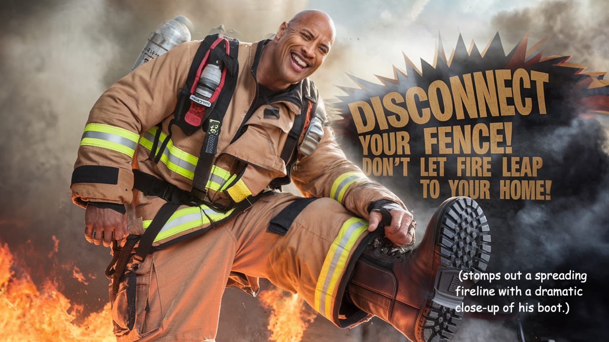Comic-style poster art of an over-the-top firefighter spokesperson pitching 'Disconnect Your Fence, Don't Let Fire Leap to Your Home'
