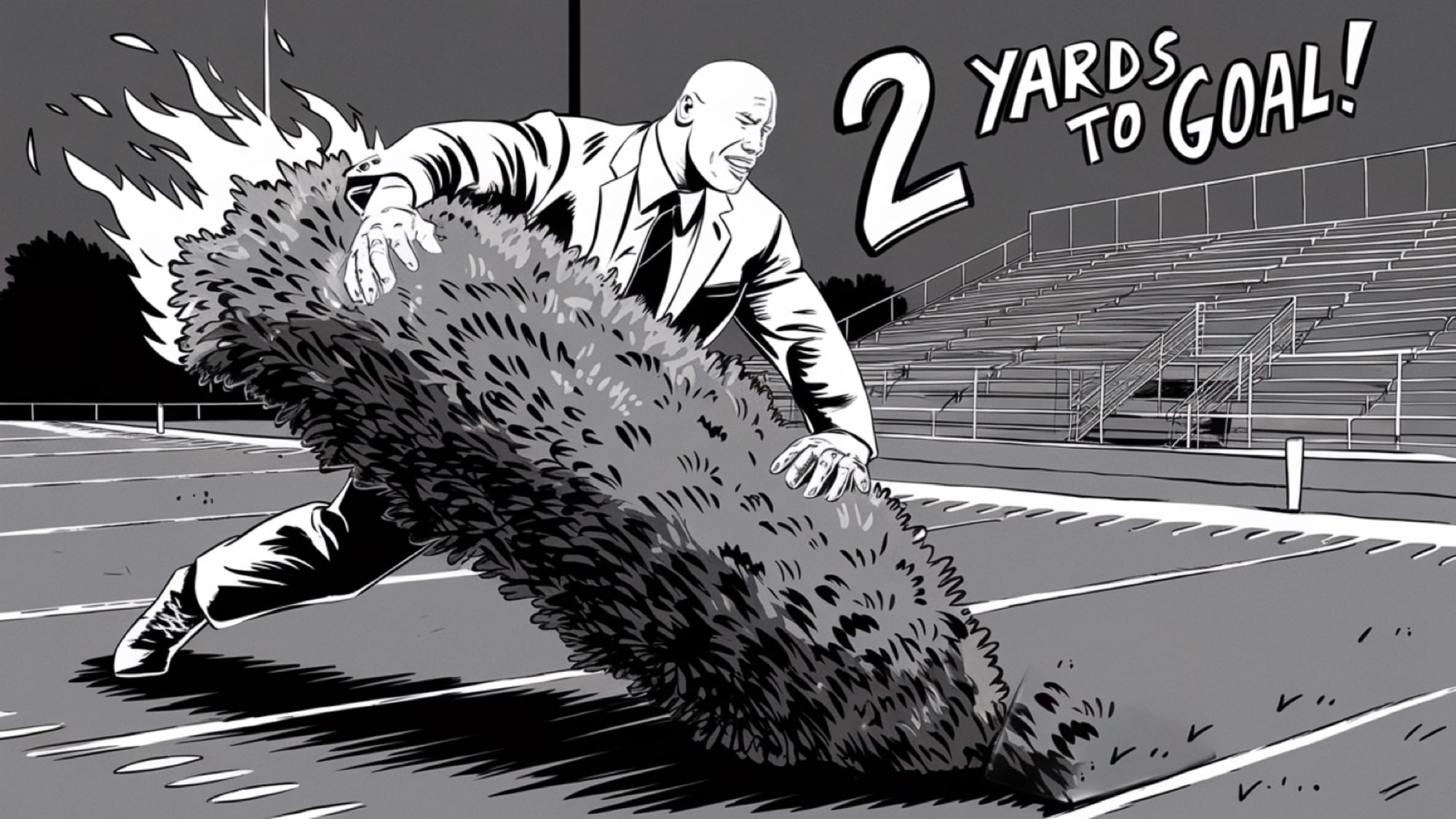 Black-and-white comic panel of a spokesperson tackling a burning bush on a football field, captioned '2 Yards to Goal'