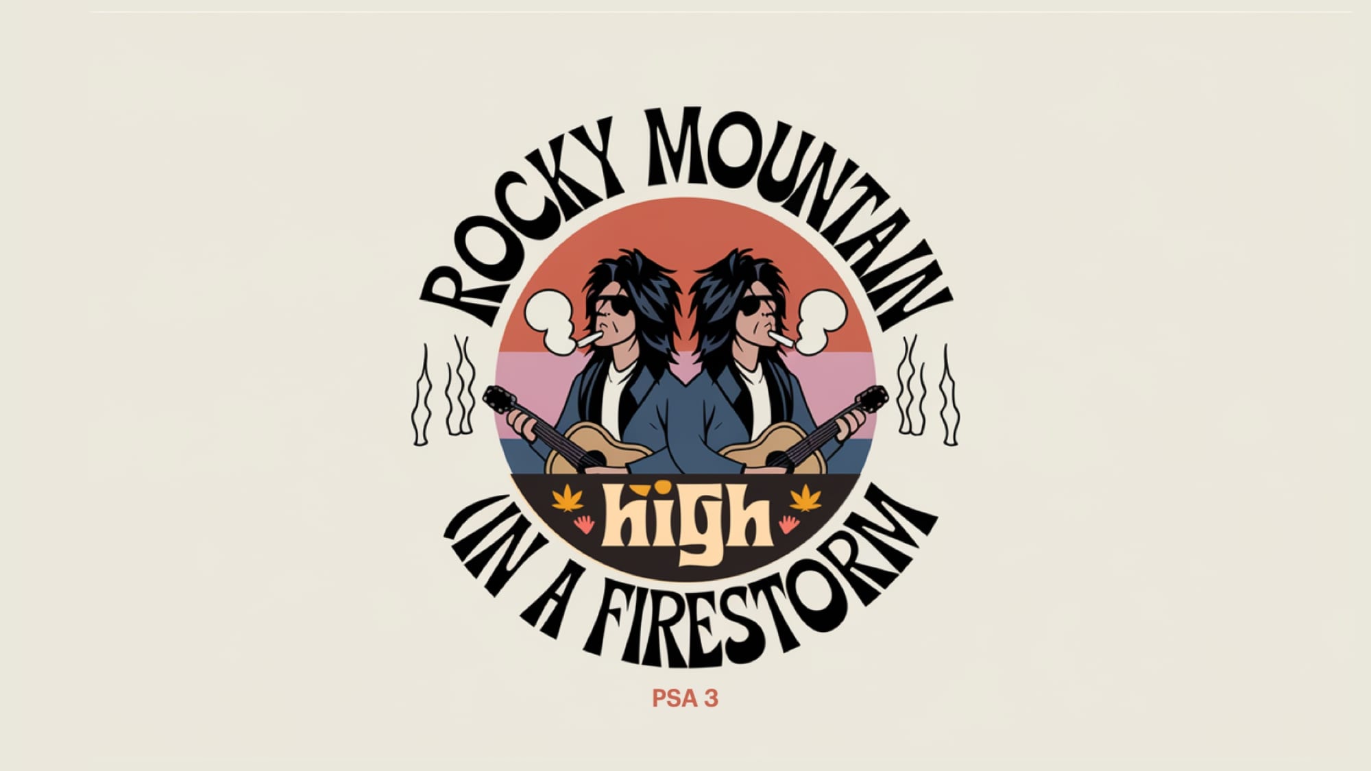 Retro 1970s rock-poster badge with two long-haired guitarists and smoke curling off the mark, in warm cream and rust colors
