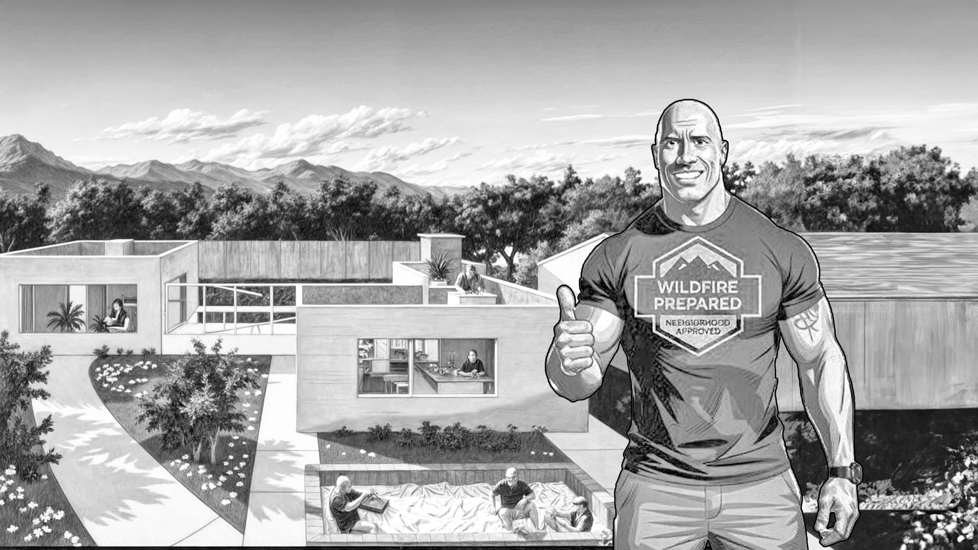 Illustrated spokesperson in a Wildfire Prepared Neighborhood Approved shirt, standing before a block of hardened homes with a smoke column rising over the ridge