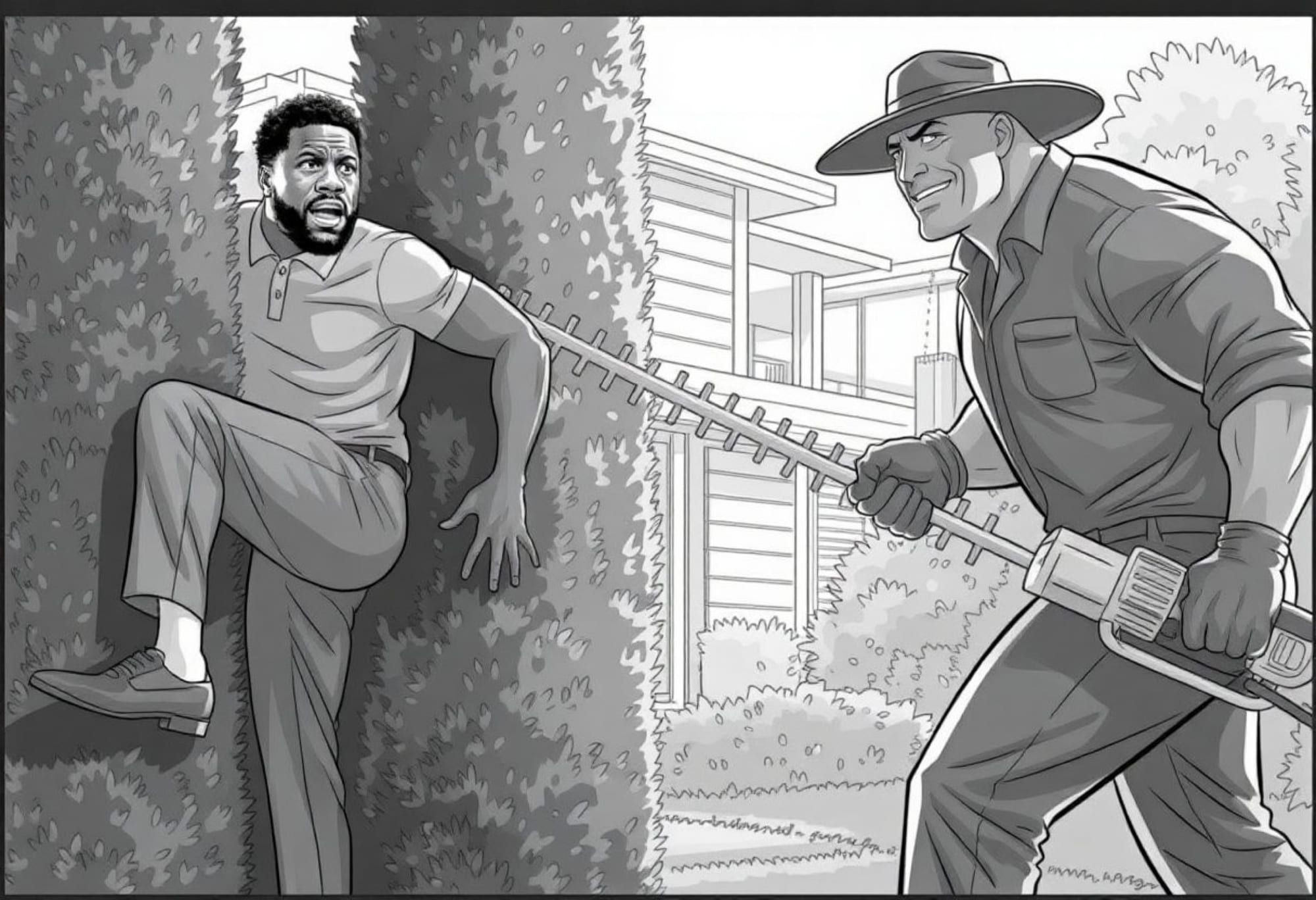 Grayscale storyboard of a smaller figure trapped between overgrown hedges pressed against a house while a larger spokesperson advances with a hedge trimmer