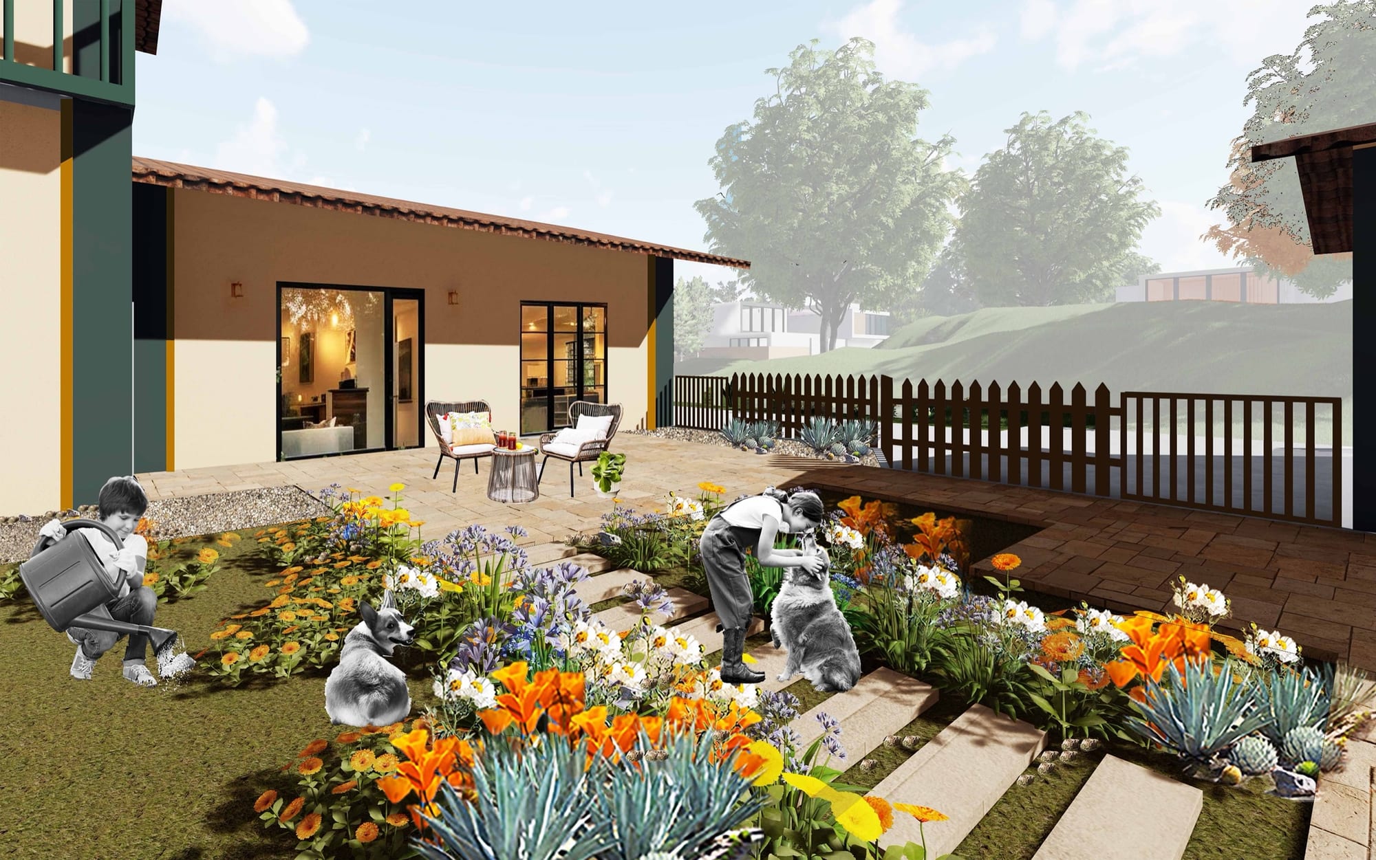 Photo-real architectural render of a wildfire-hardened backyard — non-combustible patio, native flowering plants past the five-foot zone, a family and pets in the yard