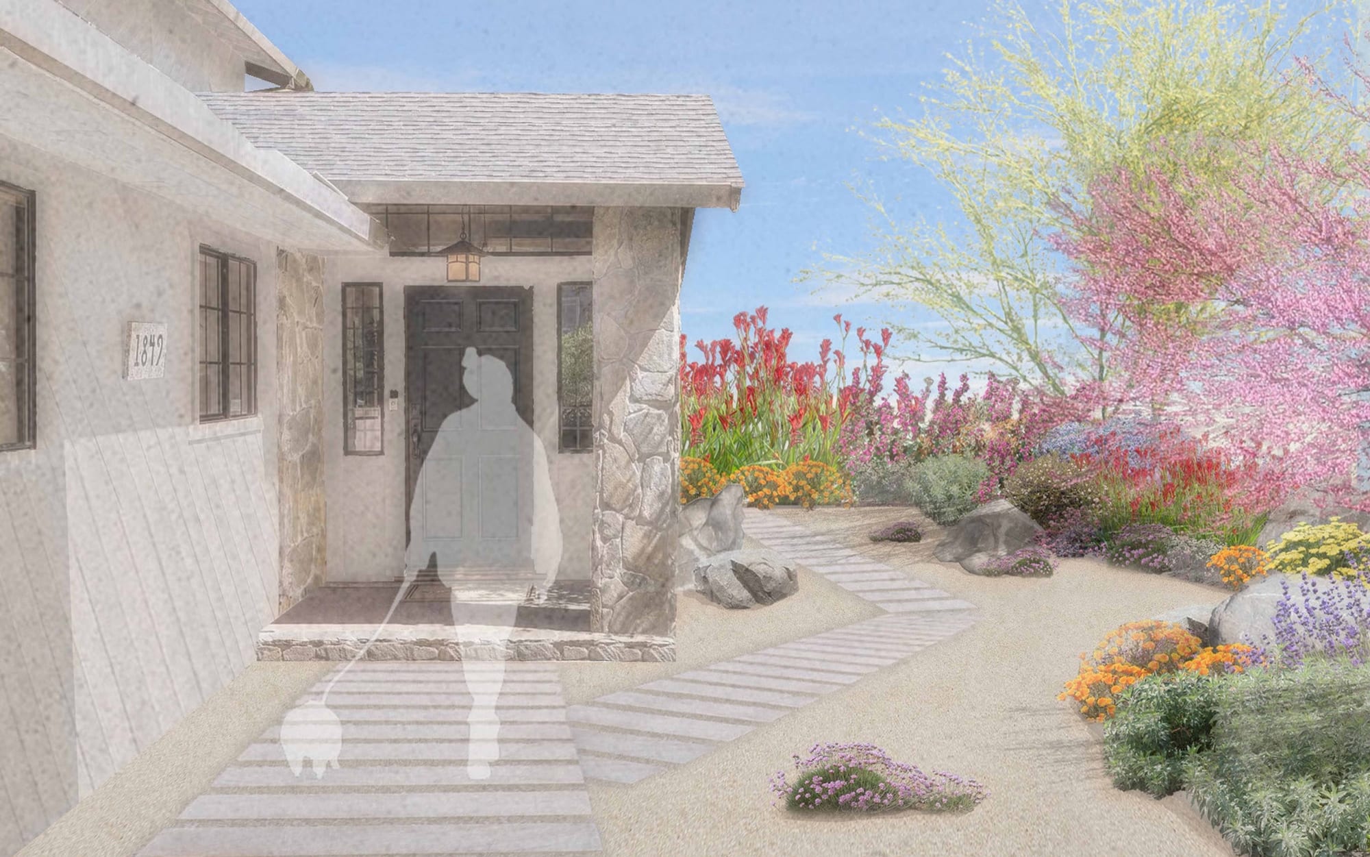 Architectural render of a home's front entry showing the non-combustible Zone 0 detailing — stone paving, gravel, and low-water plantings against the foundation
