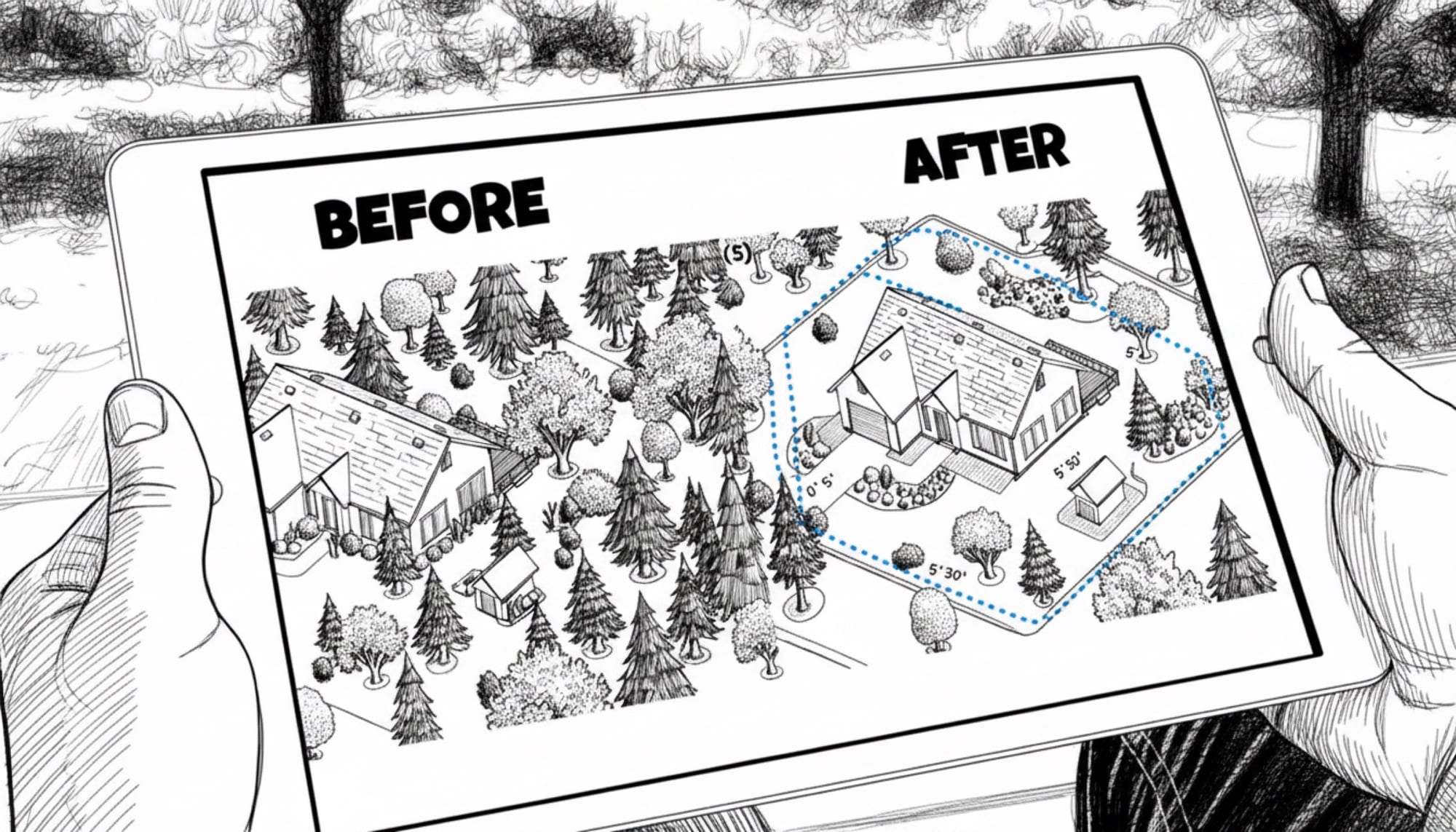 Hand-drawn tablet-in-hand explainer graphic comparing an overgrown property (before) against the same property hardened to defensible-space standards (after)