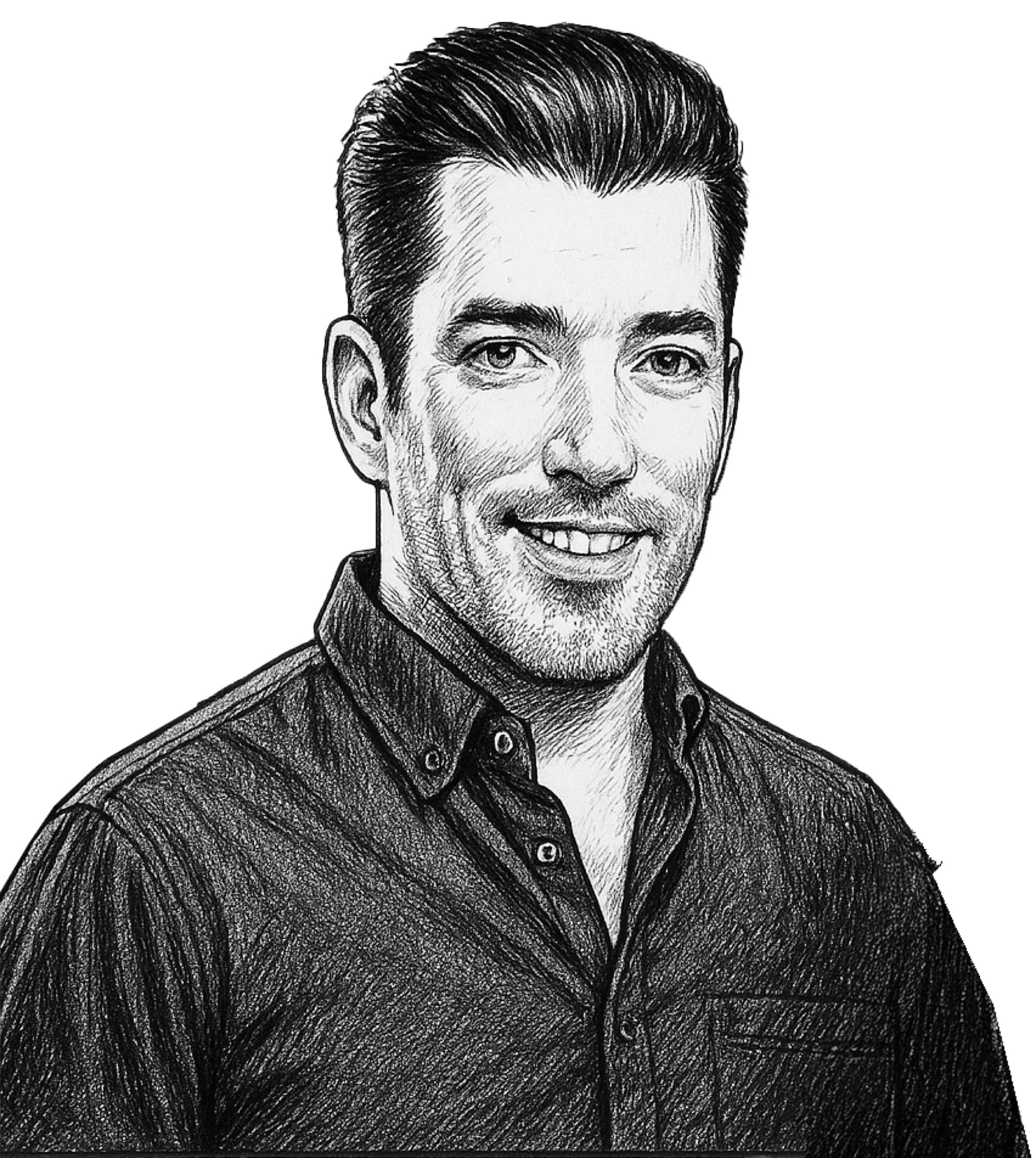 Pencil-and-ink illustrated portrait of the second host, drawn in the same consistent editorial style