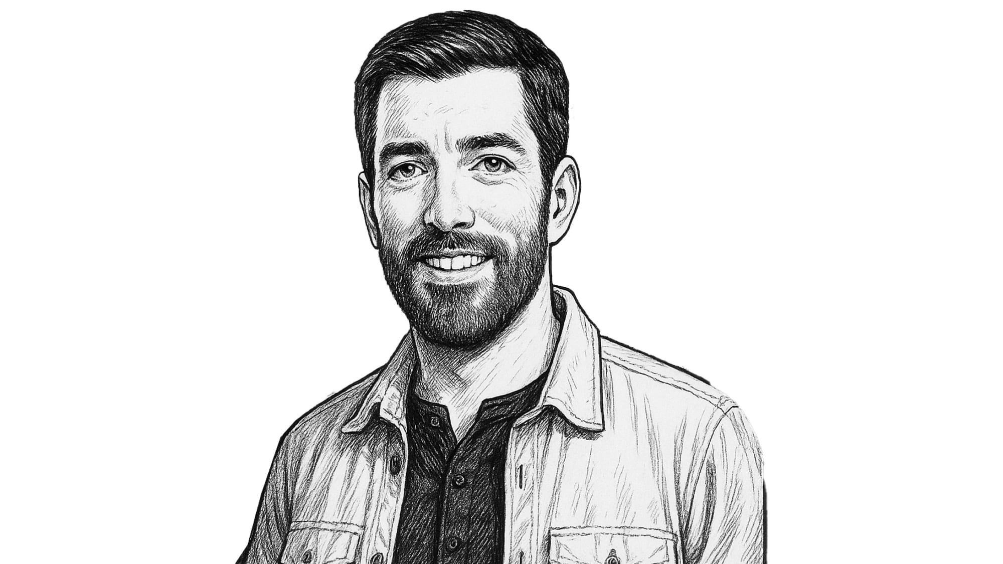 Pencil-and-ink illustrated portrait of one host, drawn in a consistent editorial style for storyboard use