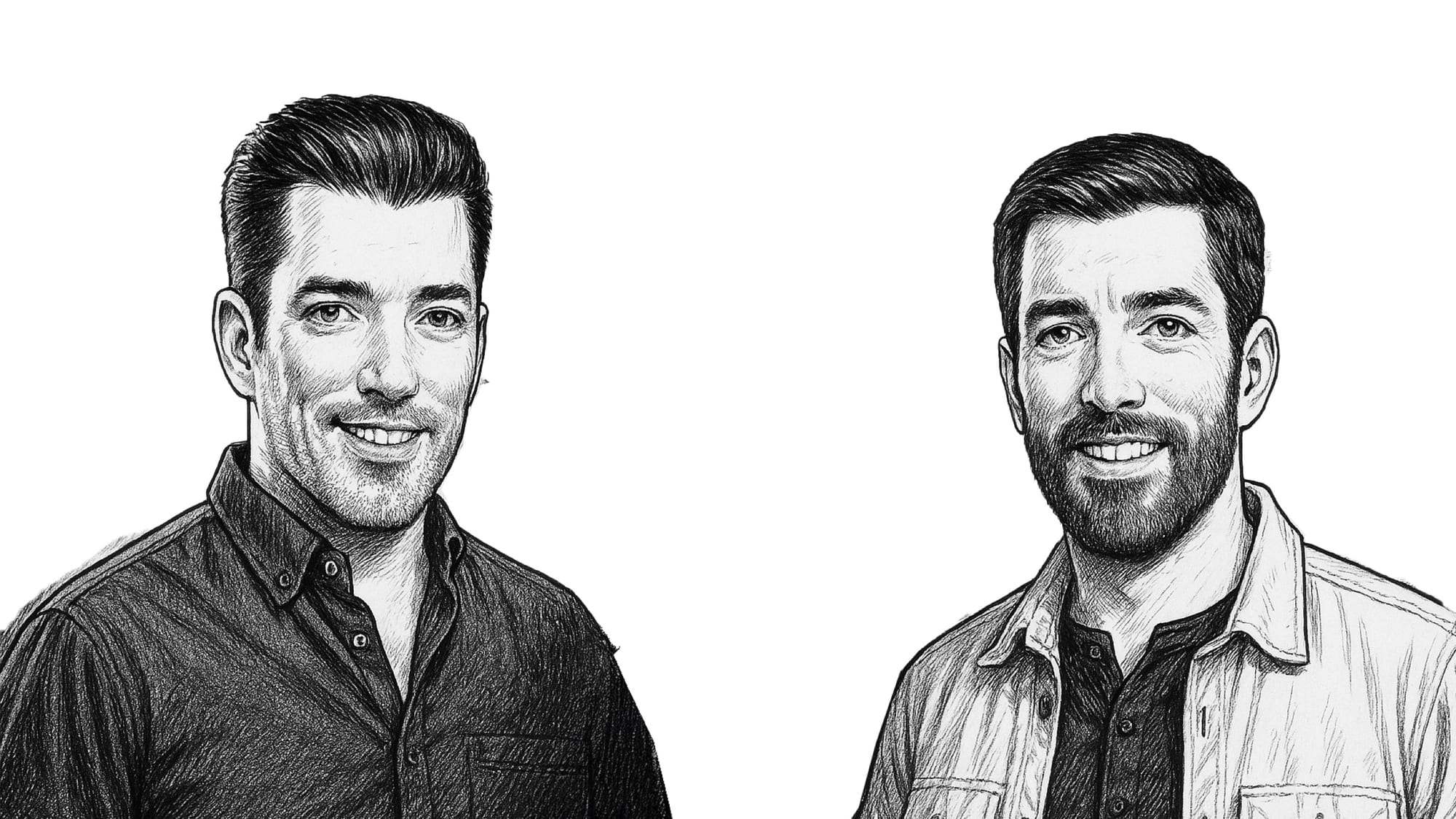 Pencil-and-ink illustrated portraits of both hosts side by side, drawn in a consistent editorial style