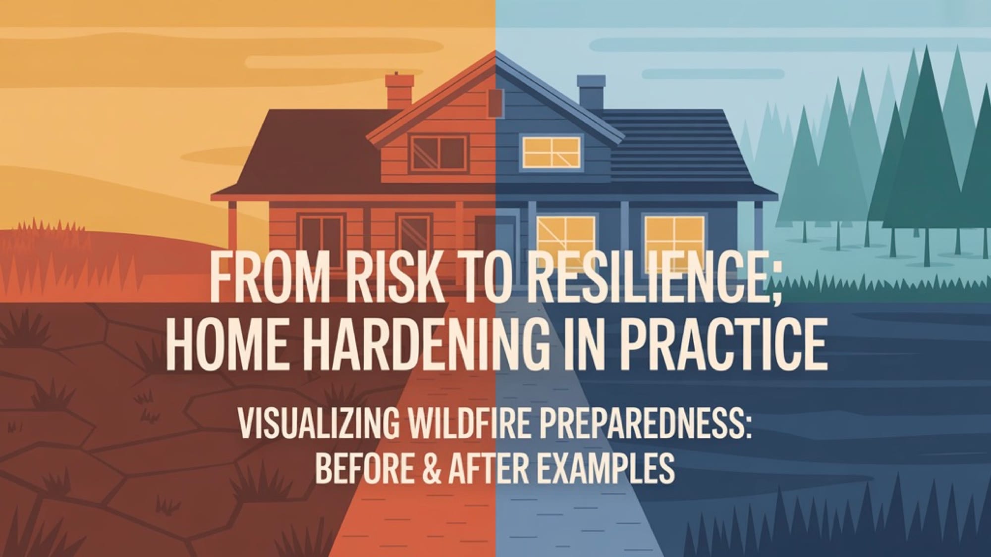 Split-image title card: one half a parched, cracked, orange-skied yard; the other half the same house green and blue-hour, captioned 'From Risk to Resilience: Home Hardening in Practice'
