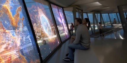 AI-generated concept render of two guests inside the Space Needle observation deck, James Webb Space Telescope imagery composited onto the windows