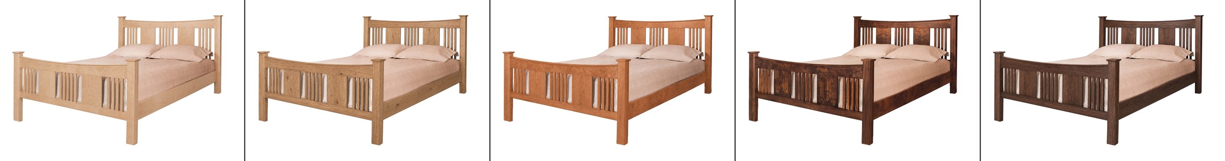 The same bed frame rendered in five different wood tones — maple, oregon oak, cherry, western walnut and eastern walnut — side by side against a white background