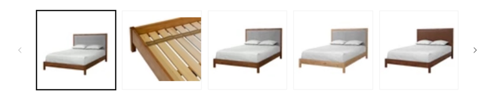 Product gallery on The Joinery's website showing the same bed frame available in four different wood species, pulled directly from the delivered renders